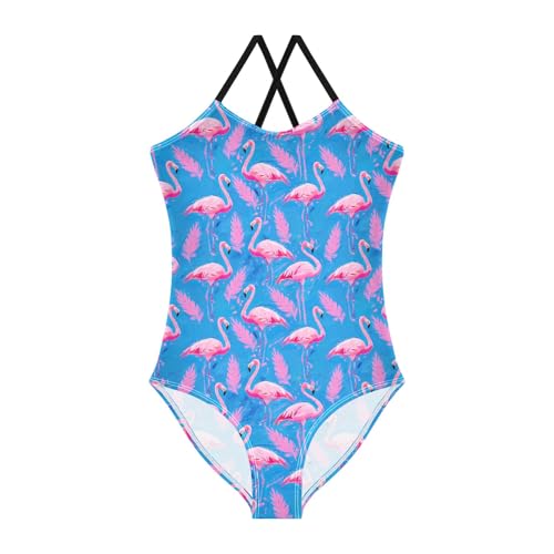 senya Girls Swimsuits One-Piece Swimwear Tie Bathing Suit Beach Summer Round Neck 9-10T Flamingo Palm Leaves Pattern