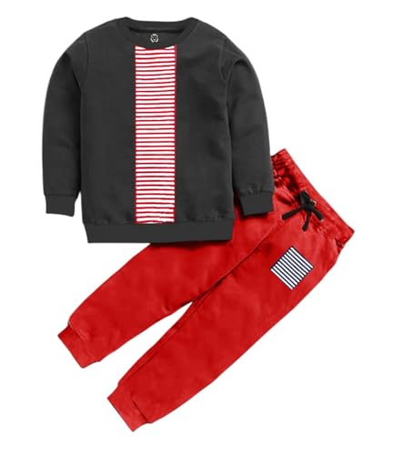 Image of Boys Designer Set 100% Cotton Long Sleeve T shirt Round neck, Contrast Long Pant with cuff at bottom. Cut and sew panel at front with stripes print.