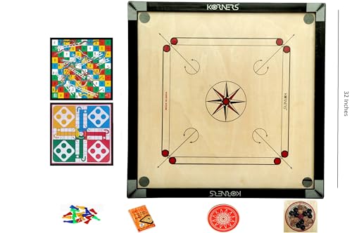 Image of KORNERS Carrom Board with Striker, Coins and Powder, Multicolor| (32 Inches Round with Ludo Set)