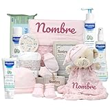 Mababyshop Canastilla Bebé Personalizada Velvet Deluxe, Cesta Regalo Recién Nacido con Dou Dou Bordado, Mini Pastel de Pañales, Cremitas de Bebé y Marco del Nombre (Rosa)