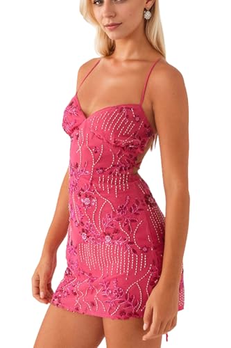 Image of calbatic Women Sequin Sparkly Rhinestone Mini Dress Sleeveless Backless Deep V Neck Glitter Short Cami Dress Party Clubwear