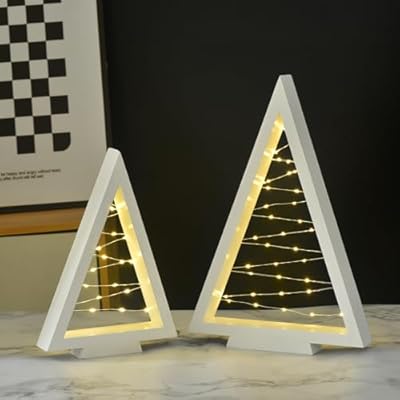 Lighted Christmas Tabletop Decorations, 2Pcs LED Lights Wooden Christmas Tree Table Decor Battery Operated Wood Craft Light Up Ornament for Holiday Winter Party Desk Home Mantel Display Xmas (White)