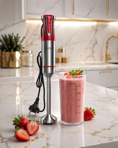 Batidora de Mano 1200W, Acero Inoxidable, Velocidad Variable, Desmontable, Incluye Vaso Medidor (rojo)