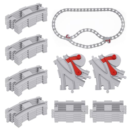 Building blocks rail, railway tracks consisting of crossings, straight tracks, curves, sloping tracks, gift for boys & girls (32P)