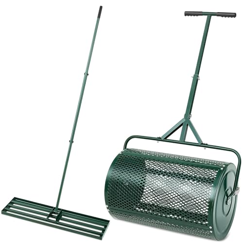 Lawn Garden Care Set - 24 Inch Compost Spreader & 35 x 10 Inch Lawn Leveling Rake, Metal Mesh Push Spreader with T Shaped Handle for Yard Care