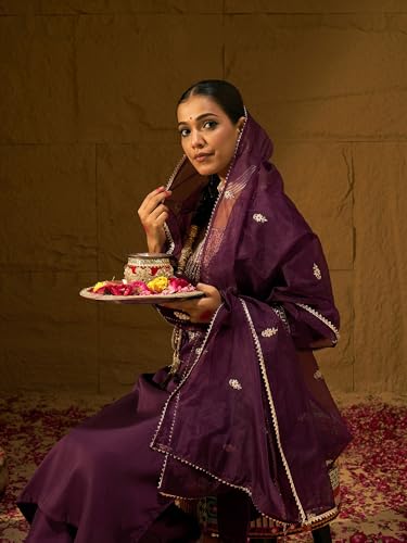 Image of INDO ERA Women's Embroidered Burgundy Silk Blend Straight Kurta & Pant with Dupatta Set (SHUTR6119)