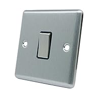 10 Amp Single 1 Gang Light Switch Brushed Satin Matt Chrome Stainless Steel Effect Metal Plate Classical Style - Raised Profile Black Insert with Metal Rocker Switches