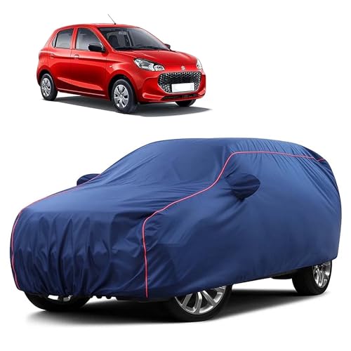 Image of Sulfar 100% Water Resistant Car Body Cover Compatible with Mirror for Maruti Suzuki Alto K10 (Triple Stitched, Full Bottom Elastic, Blue Taffeta with Red Piping)
