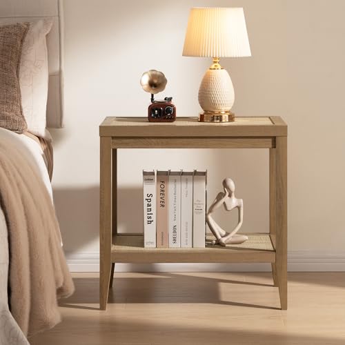 Image of SICOTAS Rattan Night Stand Bedside Table - Farmhouse Boho Narrow End Table for Living Room - Accent Side Table with 2 Open Storage Shelves for Bedroom, Small Spaces