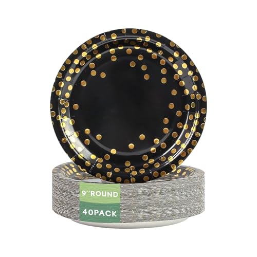 Yinbanban Stylish Paper Plates 40 Count Eco Compostable Plates Gold Foil Polka Dots Black Paper Plates 9 inch Disposable Plates for Easter Birthday Wedding Party Great Dessert Plates Dinner Plates