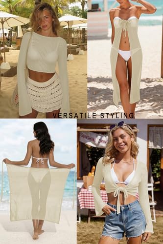 Image of Cakulo Women's Crochet Cover Up 2 Piece Beach Skirt Sets | Hollow Out, Tie Front Crop Tops, Bell Sleeve, Sarong Wraps, Swimsuit Bathing Suit Coverup, Resort Wear Beach Vacation Outfits