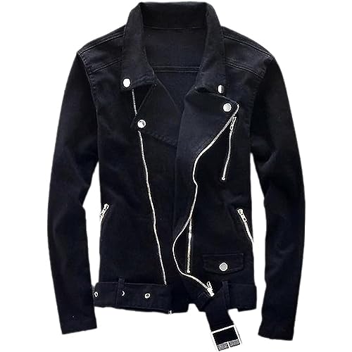Men's Black Denim Biker Jean Jacket Classic Motorcycle Style Punk Knight Coat with Scratched Zipper Slim Fit Turn-Down Collar2