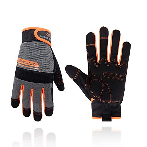 HANDLANDY Work Gloves Mens & Women, Utility Safety Mechanic Working Gloves Touch Screen, Flexible Breathable Yard Work Gloves (Medium, Orange)