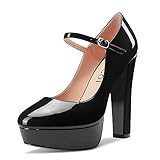 Aachcol Women Platform Mary Jane Chunky Block High Heel Pumps Close Round Toe Ankle Strap Two-Piece Dress Shoes Pumps Party Wedding Patent Black 5 Inch 12.5 US