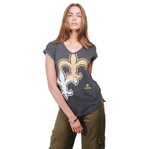 Ultra Game NFL Official Women's Super Soft Modal Vintage V-Neck T-Shirt, New Orleans Saints, Charcoal, Small