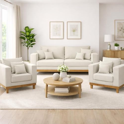 Kit 2 Poltronas Living + Sofá 2 Lugares Base Madeira Suede Cor:bege