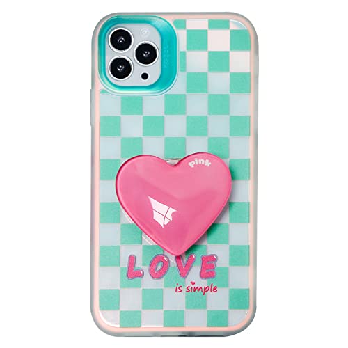 Aiyaya Cute Green Checkered Phone Case For Iphone 12 Pro Max Case With Heart Shaped Stand, All-Inclusive Lens Case For Women Girls - 6.7 Inch (12 Pro Max) #TOP12
