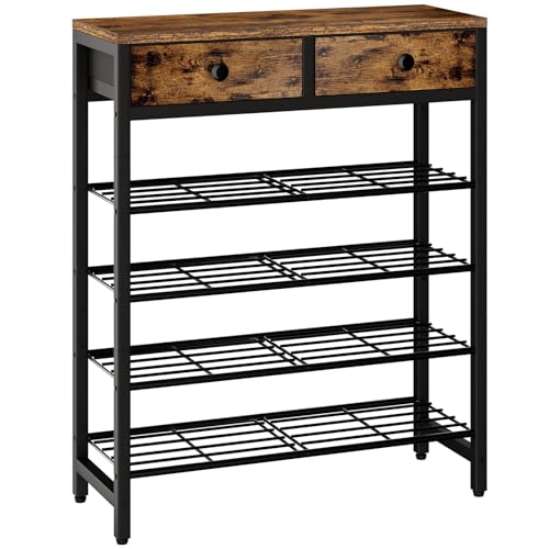 IBUYKE Scarpiera con 5 Ripiani, Scaffale Portascarpe con Ripiano per 12-16 Paia di Scarpe, Salvaspazio Scarpiera in Metallo con 2 Cassetti per Ingresso Corridoio Soggiorno, Marrone Rustico TXJ041H