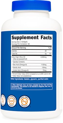Nutricost Extra Virgin Olive Oil Supplement (2,000mg) 120 Softgels - Gluten-Free, GMO-Free, 60 Servings