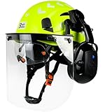 SAFEBUILDER Forestry Chainsaw Tree Work Safety Helmet Vented Hard Hats w/Visor Bluetooth Ear Muffs Face Shield Outdoor Hardhats Vented ANSI Z89.1 (Green Hat+ICV+BTE+Clear Face Shield)