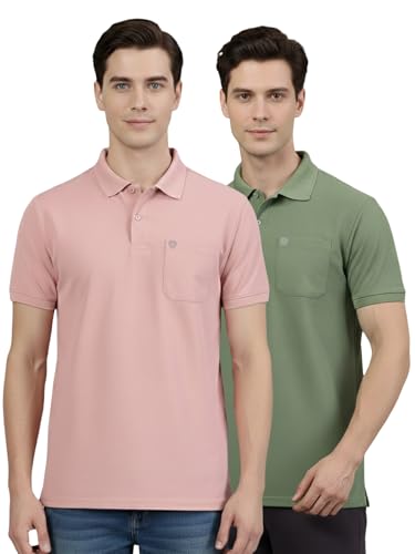 Image of Lux Cozi Men's Cotton Blend Polo T-Shirt with Chest Pocket | Collar T-Shirts for Men | Half Sleeves | Plain - Regular Fit (Pack of 2)