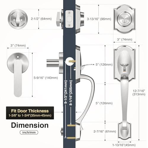 Image of Front Door Lock Set, Brushed Nickel Front Door Handle and Deadbolt Set, Vintage Exterior Door Lock Set, Front Door Handle with Single Cylinder, Reversible for Right & Left, Satin Nickel