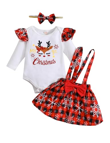Image of Honykids Newborn Baby Girl Christmas Outfits My 1st Christmas Romper+Suspender Skirt +Headband Overall Clothes Set