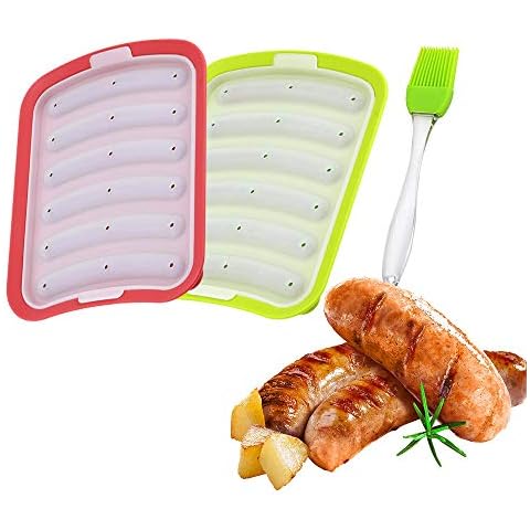 Silicone Baking Mold with Green Silicone Brush, 2 Pack DIY homemade Sausage Hot Dog Mold lce Cube Mould(Red&Green) Cover