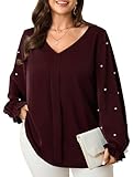 SCOMCHIC Womens Plus Size Tops Pearl Decor V Neck Elegant Long Sleeve Dressy Blouse Tops Burgundy