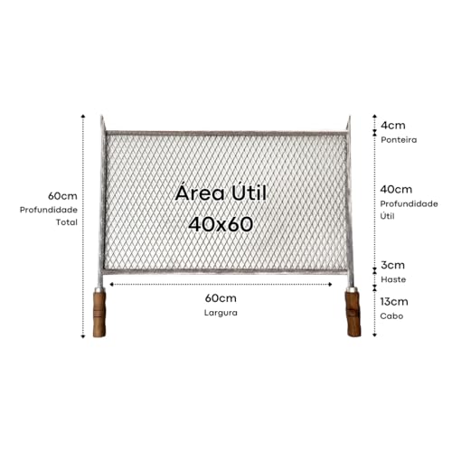 LAURINDOS, Grelha Inox 40x60 Tela Expandida Sem Emenda Cabo de Madeira