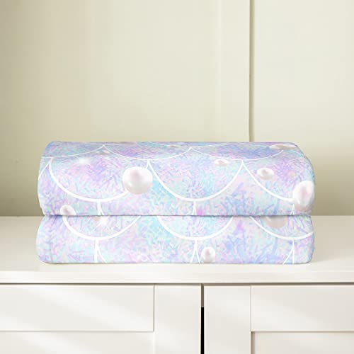 Mermaid Scale Fleece Blanket Queen,Purple Fish Scale Fuzzy Blanket For Kids Teens,Sparkling Pearls Throw Blanket Ocean Marine Theme Flannel Plush Blanket,Pastel Mermaid Room Decor For Girls Bedroom #TOP2