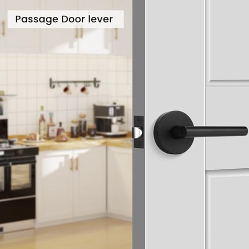 Image of Goldenwarm 5 Pack Matte Black Passage Door Handle Black Door Handles Interior Zinc Alloy Heavy Duty Reversible Passage Door Levers for for Hallways and Closets(no Lock)