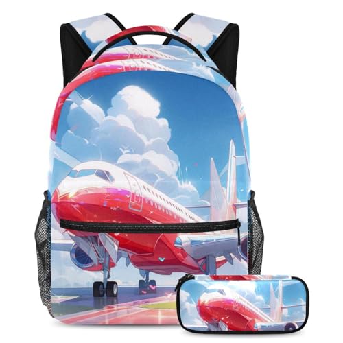 Sac d'école tendance pour ados afin d'alléger le dos avec style, motif avion rouge multicolore