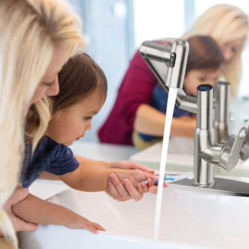 Rotatable Bath Faucet with Temp Display in Celsius, Single Hole Brushed Nickel and 3 Outlet Modes Faucet, Battery-Free — view 2