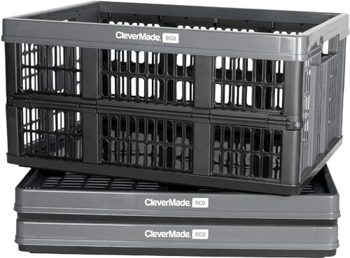 CleverMade CleverCrates – Lot de 3 caisses utilitaires pliables, couleur pierre, 45 l, capacité de 30 kg par poubelle, boîtes utilitaires empilables à paroi râpée en plastique, paniers CleverCrates