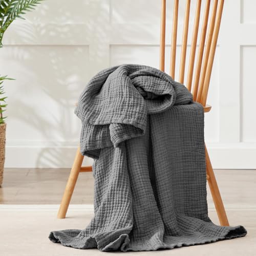 Image of 100% Cotton Muslin Blanket Large 50 inch x 70 inch, Breathable and Lightweight Cotton Throw Blanket for Bed and Couch, Soft Cooling Summer Gauze Blanket for Adults All Season, Dark Grey