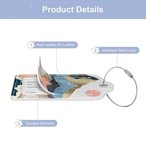 2 Pack PU Leather Luggage Tags for Suitcase, Travel Cruise Luggage Tag with Privacy Flap, Name ID Label and Metal Loop for Women Men Baggage Handbag School Bag Backpack, Sea Wave Sun4