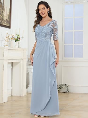 VCCICANY Elegant Mother of The Bride Dresses Long Chiffon Lace V Neck Half Sleeves Ruffle Formal Dresses for Women4