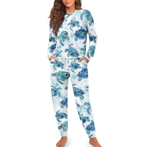 Image of Womens Lounge Set Long Sleeve Soft Pajama Sets | Casual 2 Piece Pj Outfit, Crewneck Sleepwear with Pockets, Adjustable Drawstring, Soft Comfy Fall Pajamas, Plus Size