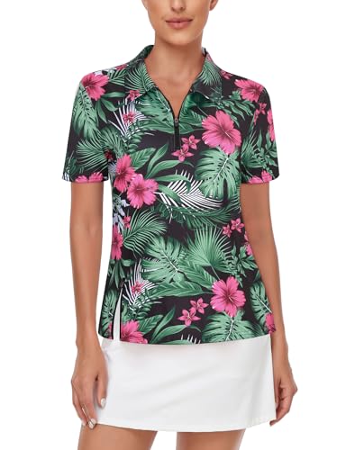 LURANEE Women's Short Sleeve Golf Shirt UPF 50+Zip Up Quick Dry Tennis Polo Workout Tops Slit Zipper at Hem2