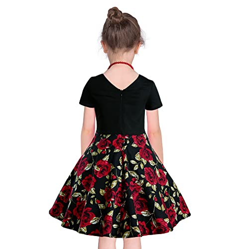 Girls Black Red Vintage Floral Rose Dress For Special Occasions, Kids 50S Birthday Party Holiday Dresses With Necklace，Size 8 #TOP1