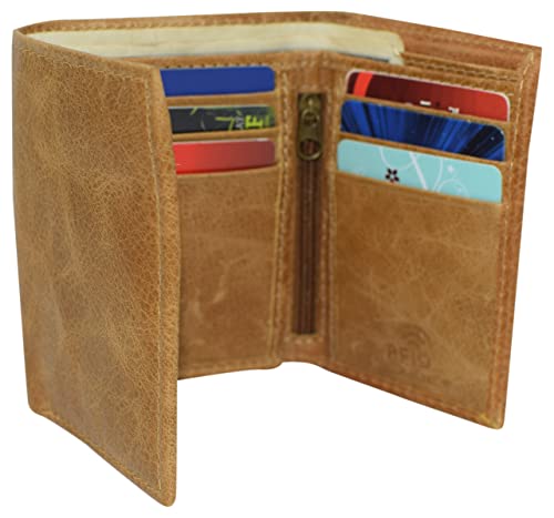 MARSHAL RFID Blocking Men's Cowhide Leather Outside ID Credit Card Holder Trifold Tan Wallet4