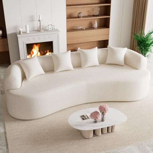 114" Oversized Sectional Sofa for Living Room, Modern Luxury Plush Chenille 4-Seater Extra Deep & Wide Seat Curved Cloud Couch with 4 Throw Pillows, No Assembly Needed, Cream White