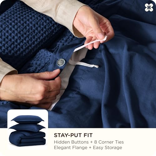 Image of Bedsure Cotton Duvet Cover Set - 100% Cotton Waffle Weave Navy Duvet Cover Oversized King Size, PureWoven Breathable Bedding Set for All Season, 3 Pieces, 120 inchx98 inch