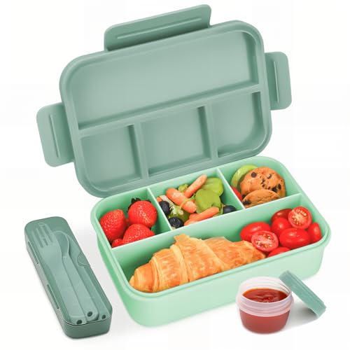 Bugucat Fiambrera Lunch Box 1300ML, Bento Box Fiambrera Infantil con 4 Compartimentos y Cubiertos, Loncheras Hermetico Fiambreras para Adultos Niños, Loncheras Ideal Para,Picnic,Trabajo,Verde oscuro