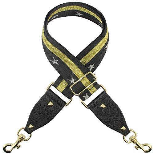 Duwi Wide Purse Strap - Multicolor Striped Guitar Style Adjustable Canvas Crossbody Bag Strap (Black, Golden, Star)