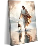 Jesus Walks On Water Canvas Wall Art Christ Saves The Lost Lamb Painting Wall Decor Christian Pos...
