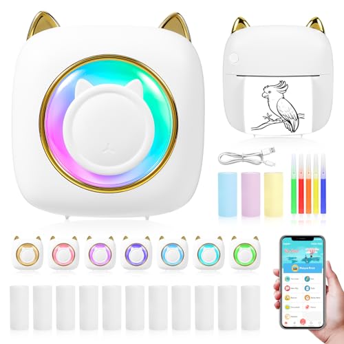 Mini Pocket Printer, Portable Thermal Printer with LED,10 Rolls Printing Paper for Android or iOS APP, Bluetooth Inkless Printer Gift for Kids, Friends, Used in Home, Office, Study, Work List Printing