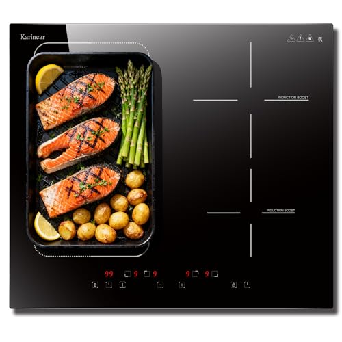 Karinear Placa de inducción 4 fuegos con zona flexible, empotrable de 60 cm, pantalla táctil, bloqueo de seguridad, 7200 W, función boost, temporizador, 240 V, sin enchufe.