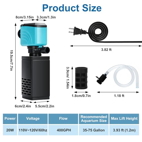 Image of DaToo Aquarium Filter 35-75 Gallon Fish Tank Filter 400GPH Powerful Pump for Aquariums Adjustable Air Flow Submersible Internal Aquarium Filters for Pond Wavemaker Air Supply Freshwater and Saltwater